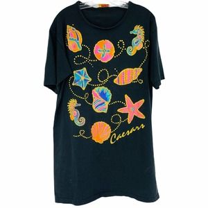 Vintage Caesars Las Vegas Women's XL Colorful Glitter Ocean T-Shirt Puff Paint